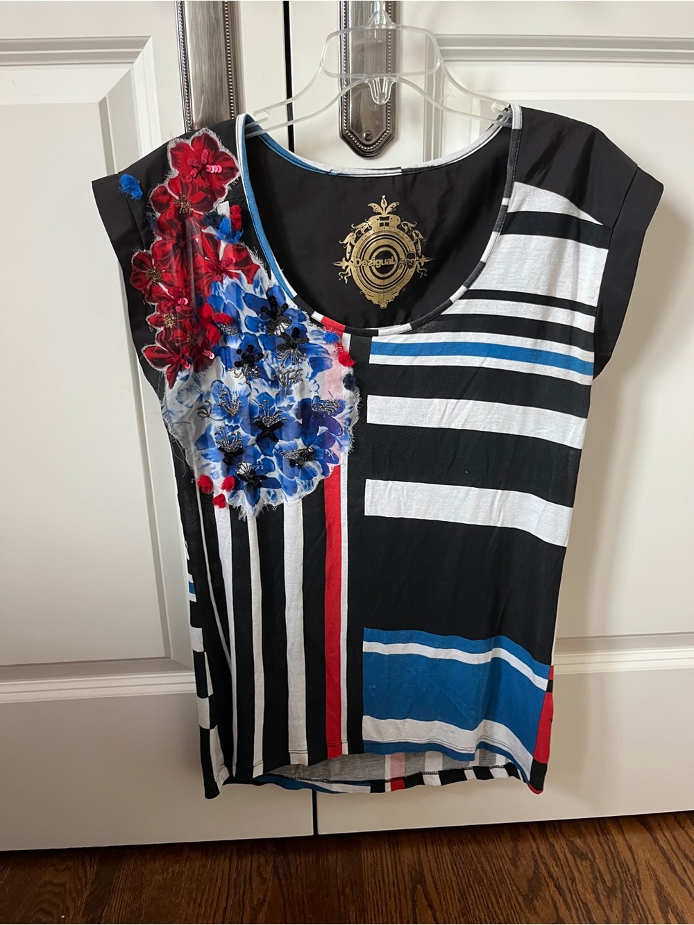 Desigual Black White Red Blue Floral Stripe Scoop Tank